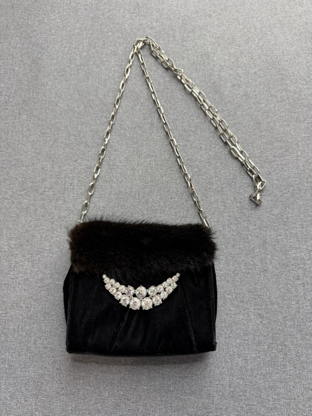 Vintage Mitchie's Velvet Real Fur Rhinestone Crossbody Evening Bag